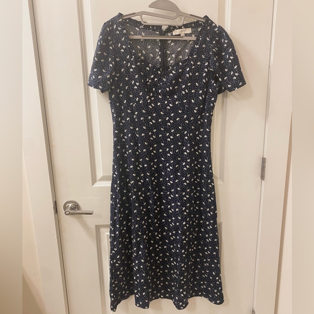 Navy Patterned MIDI Dress by Loft